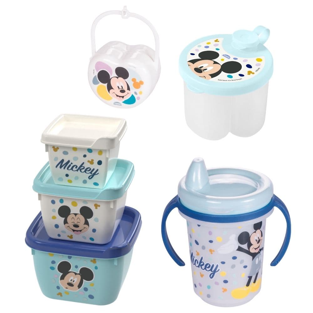 Kit infantil caneca com bico, porta leite em pó, conjunto 3 potes e porta chupetas Mickey Plasutil