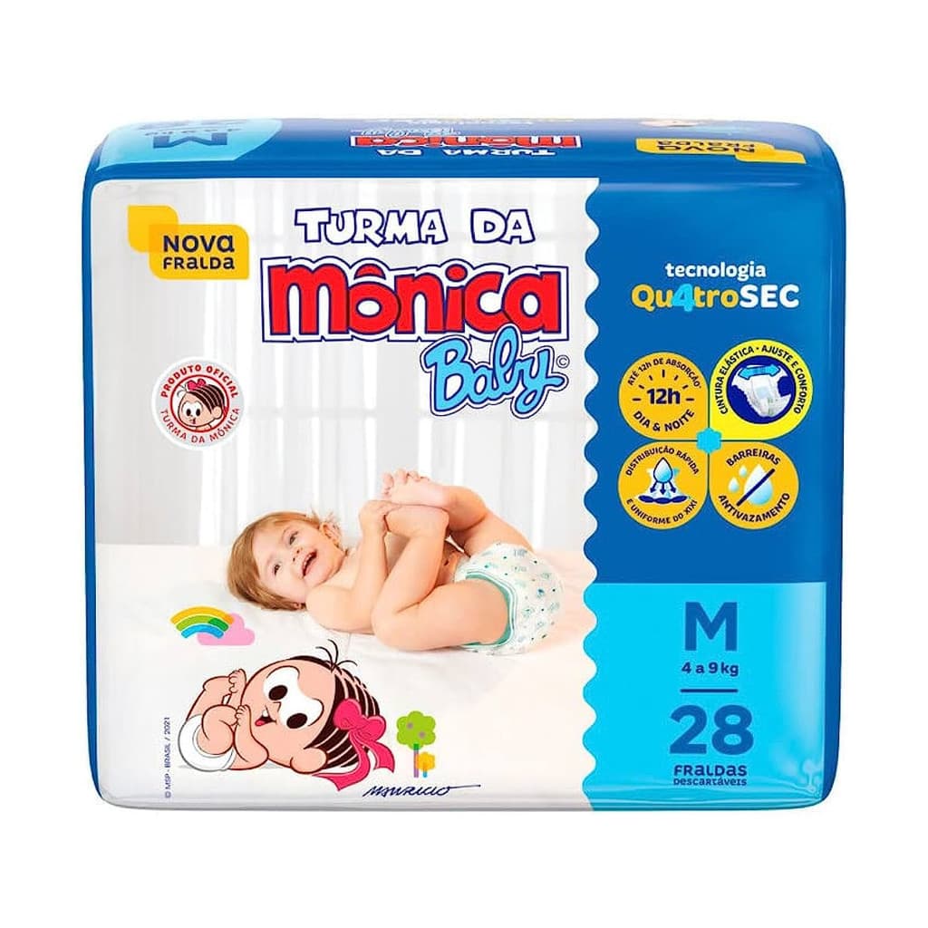 Fralda Turma da Mônica Baby Jumbo Tamanho M - 4 Pacotes com 28 Fraldas Descartáveis cada