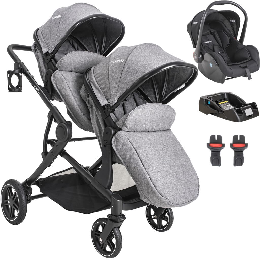 Carrinho de Bebe para Gemeos Kiddo com Bebe Conforto Base Pair Cinza