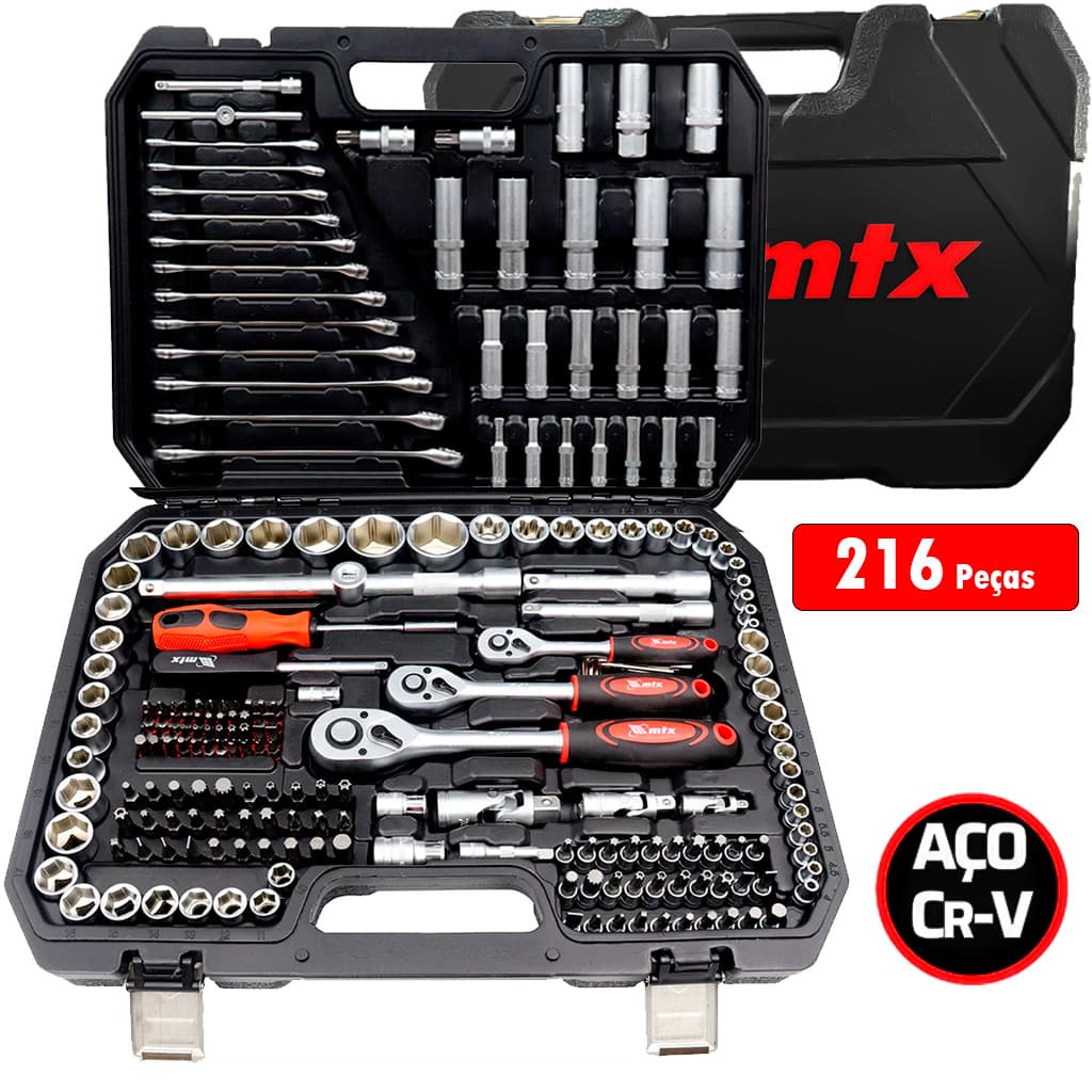 Jogo Ferramentas 216 Pçs Soquetes Chaves Catraca Bits Combinada + Maleta 1353055 - MTX Profissional