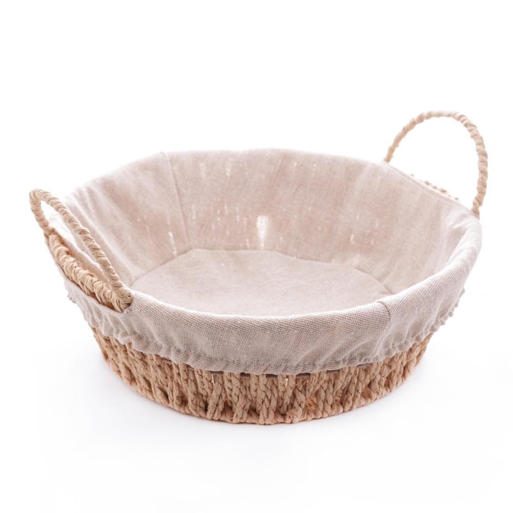 Cesta Redonda Wolff com Alça e Forro Tecido Bege 27cm Organizadora Multiuso para Decoração Banheiro Quarto Sala e Closet