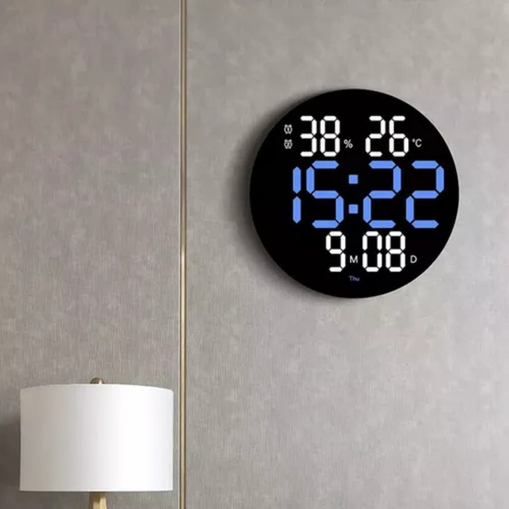 Relógio Digital LED Redondo De Parede Com Funções Termômetro e Calendário Controle Remoto USB Moderno e Boa Visibilidade