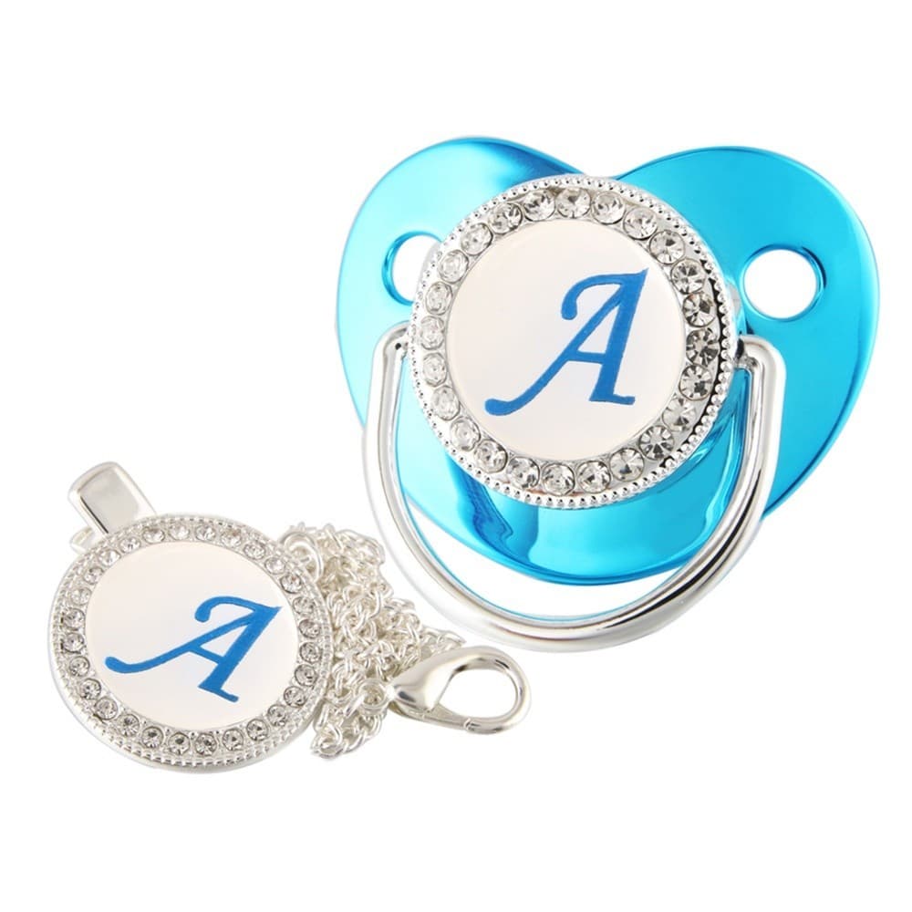 26 Letras Pacifier Bebê Prata Azul Metálico Com Corrente