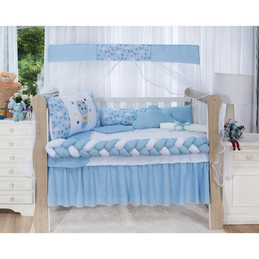 Kit Berço Americano Trança 11 Peças Para Bebê Bordado Menino Nuvem Balão Azul Bebê 12