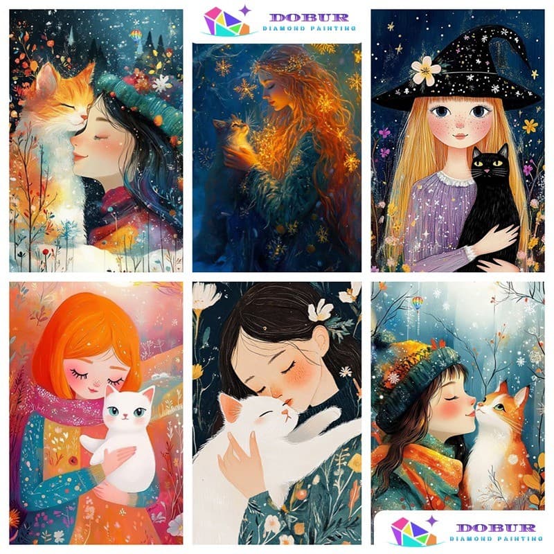 DOBUR | Conjunto De Pintura Diamante Menina E Gato 5D DIY Redondo/Quadrado Completo Broca Lona Com Número Artesanato Pre
