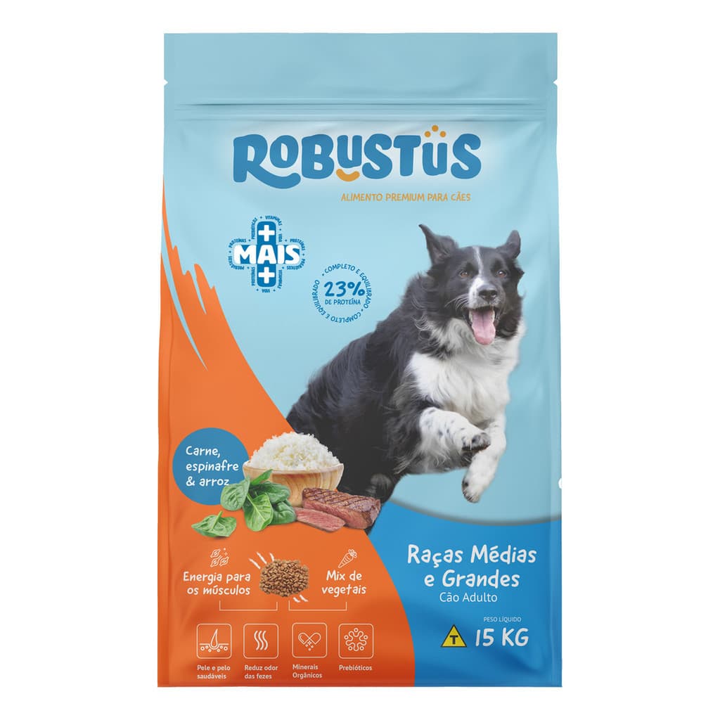 Ração Cachorro Cães Raças Porte Médio Grande Linha +Mais Arroz Carne Espinafre 15kg Robustus
