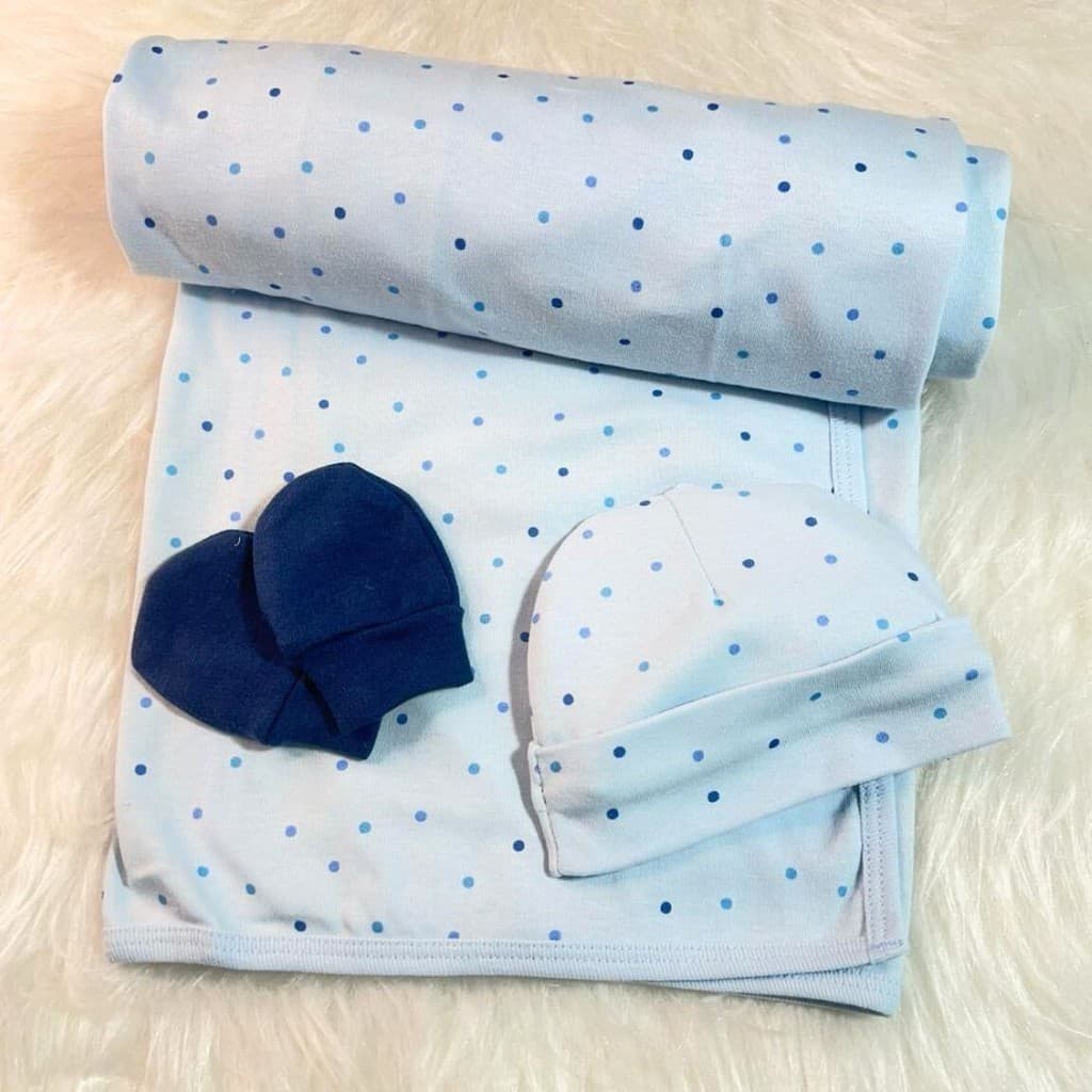 Kit enxoval manta bebe touca e luva 100% algodão antialérgico poá
