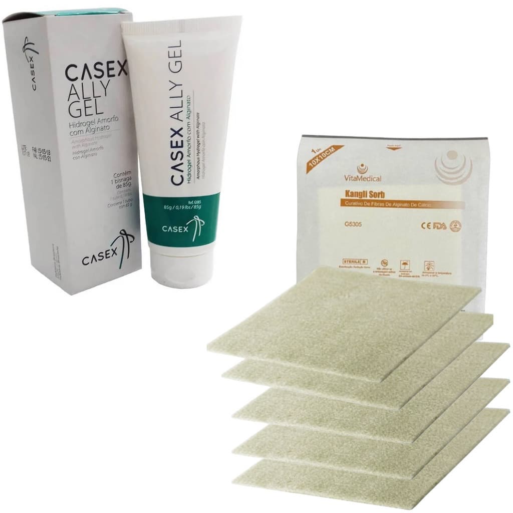 Kit Para Tratar Lesões 1 Tubo De Hidrogel Casex 85g + 5 Curativos Alginato De Calcio 10x10cm