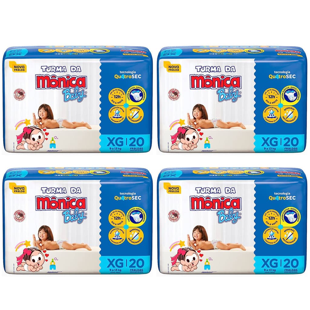 Fralda Turma da Mônica Baby Jumbo Tamanho XG - 4 Pacotes com 20 Fraldas Descartáveis cada