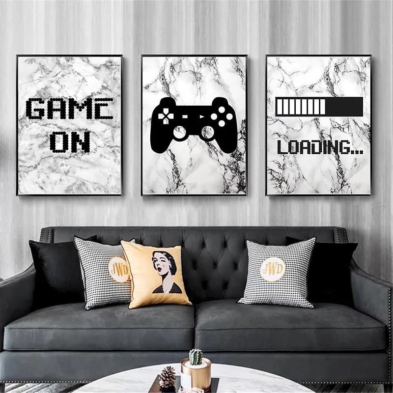 Quadro decorativo 3 peças 20x30 loading game on controle video game mármores crianças decoração do quarto preto e branco