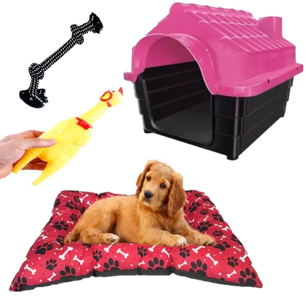 Casa Casinha N4 Rosa + Brinquedos Pet + Colchonete Rosa Pet