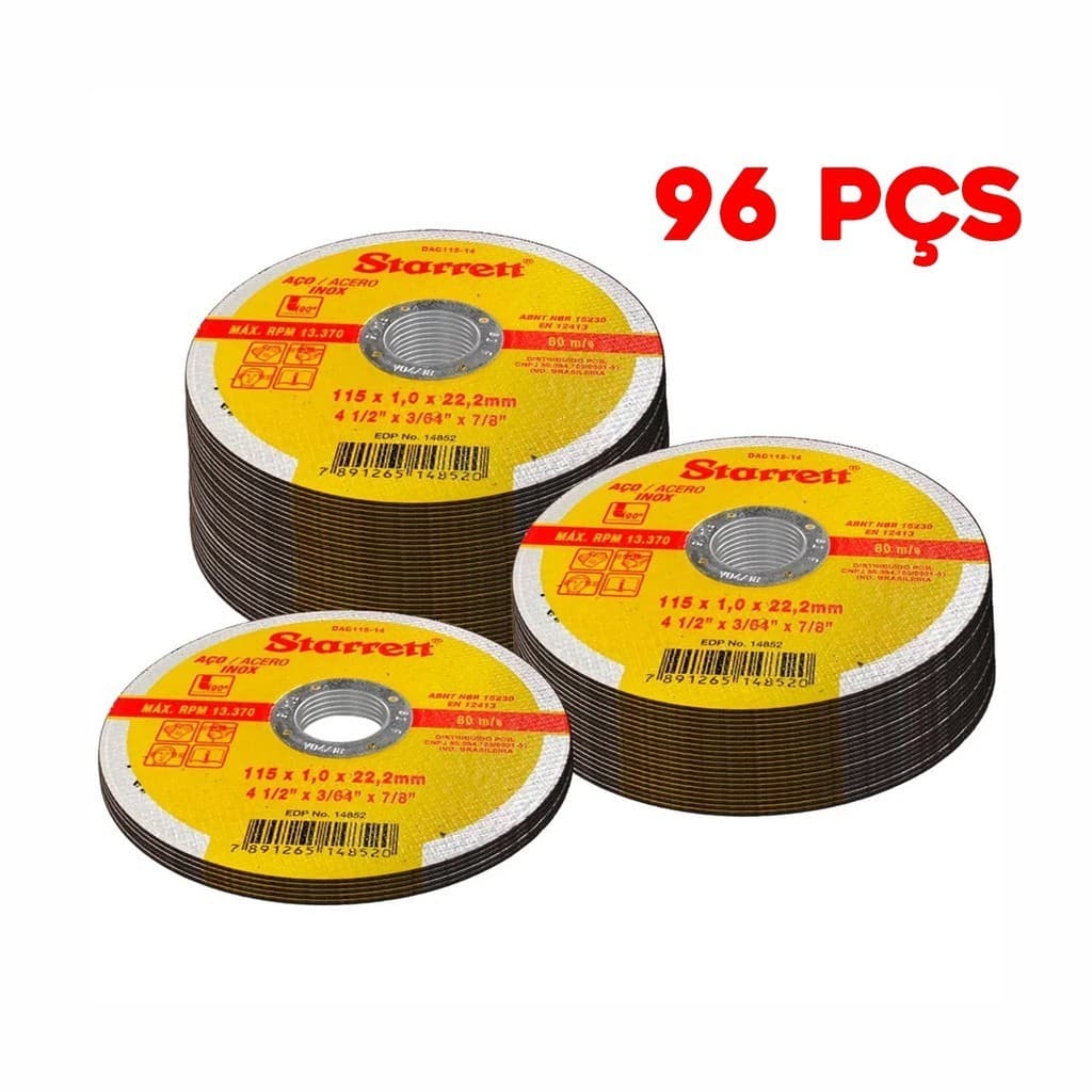 Kit 96 Discos De Corte Starrett 115mm Extra Fino Inox 4.1/2" x 1mm Para Esmerilhadeira