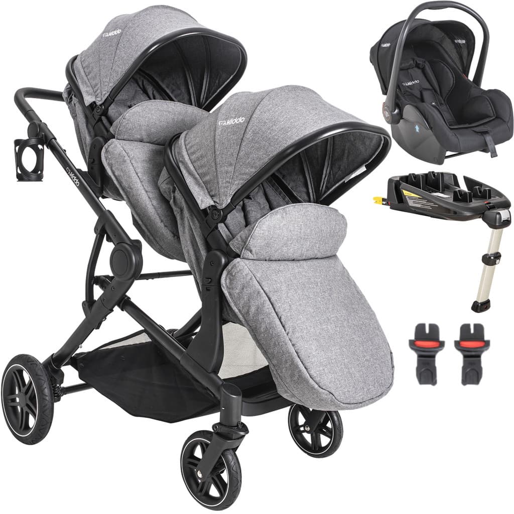 Carrinho de Bebe para Gemeos Kiddo Pair Cinza Bebe Conforto Base ISOFIX
