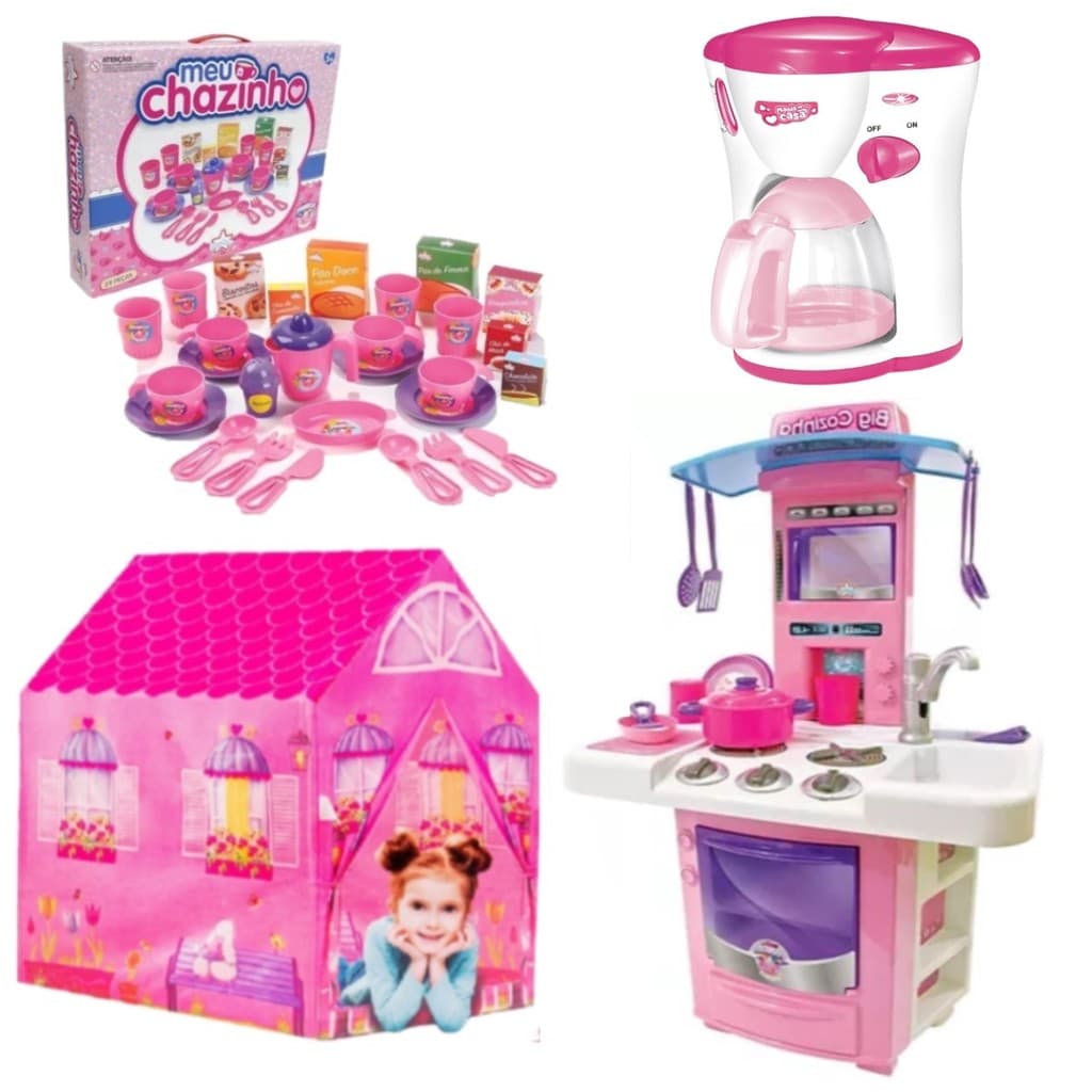 Kit Brinquedo Cafeteira Expresso Acessórios Casinha Rosa