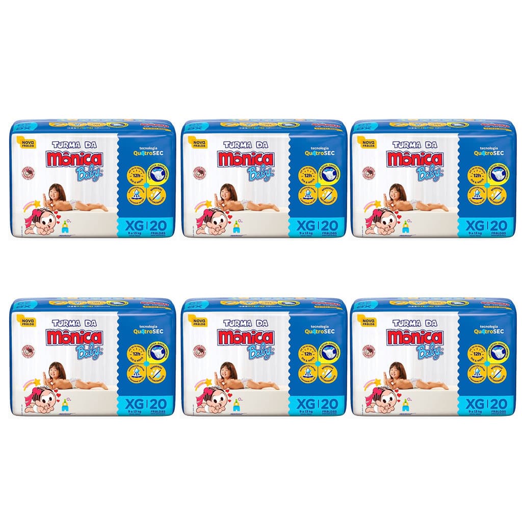 Fralda Turma da Mônica Baby Jumbo Tamanho XG - 6 Pacotes com 20 Fraldas Descartáveis cada
