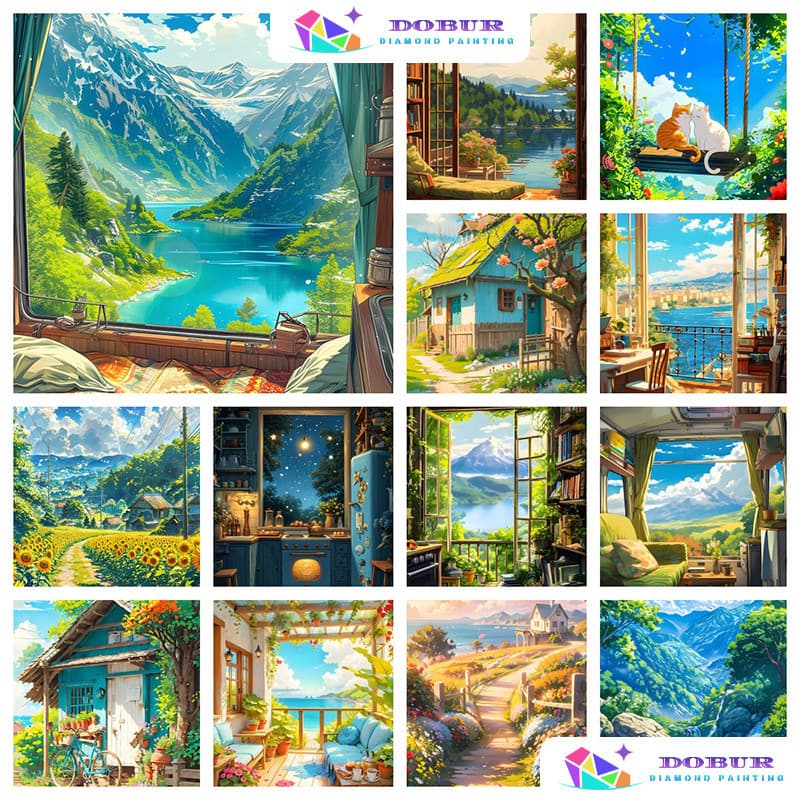 DOBUR | Conjunto Pintura Com Diamante Nature Flowers Sky Landscape 5D DIY Round/Square Full Drill Canvas  Artesanato Dec