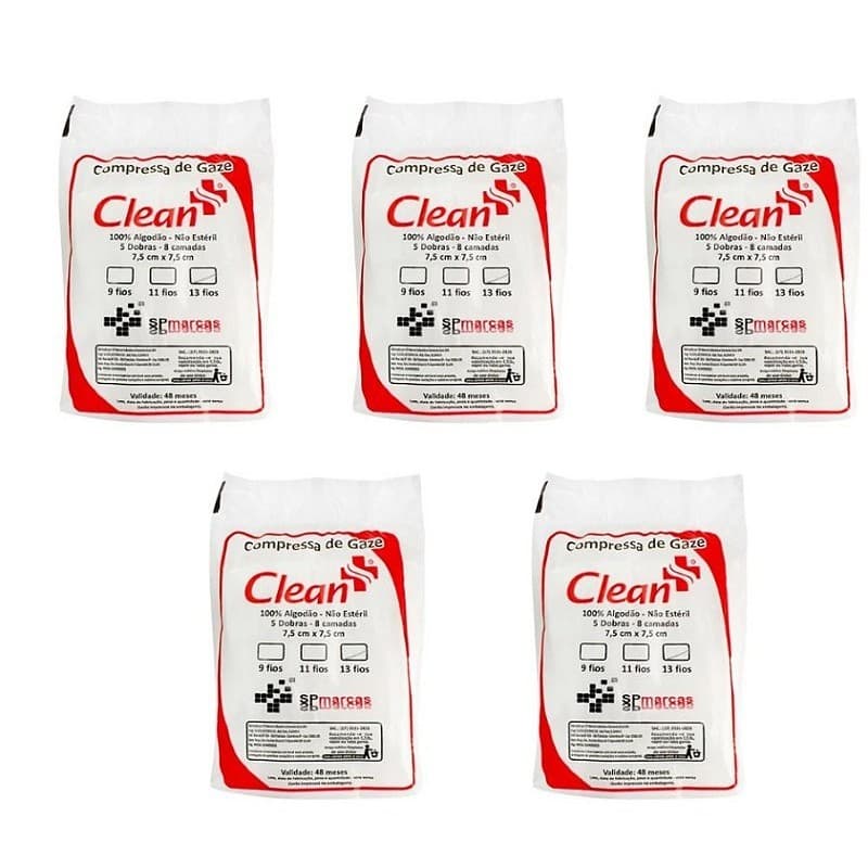 Kit C/5 Pacotes de Compressa de Gaze Não Estéril 7,5x7,5cm 13 Fios 100gramas cada  - SP Marcas