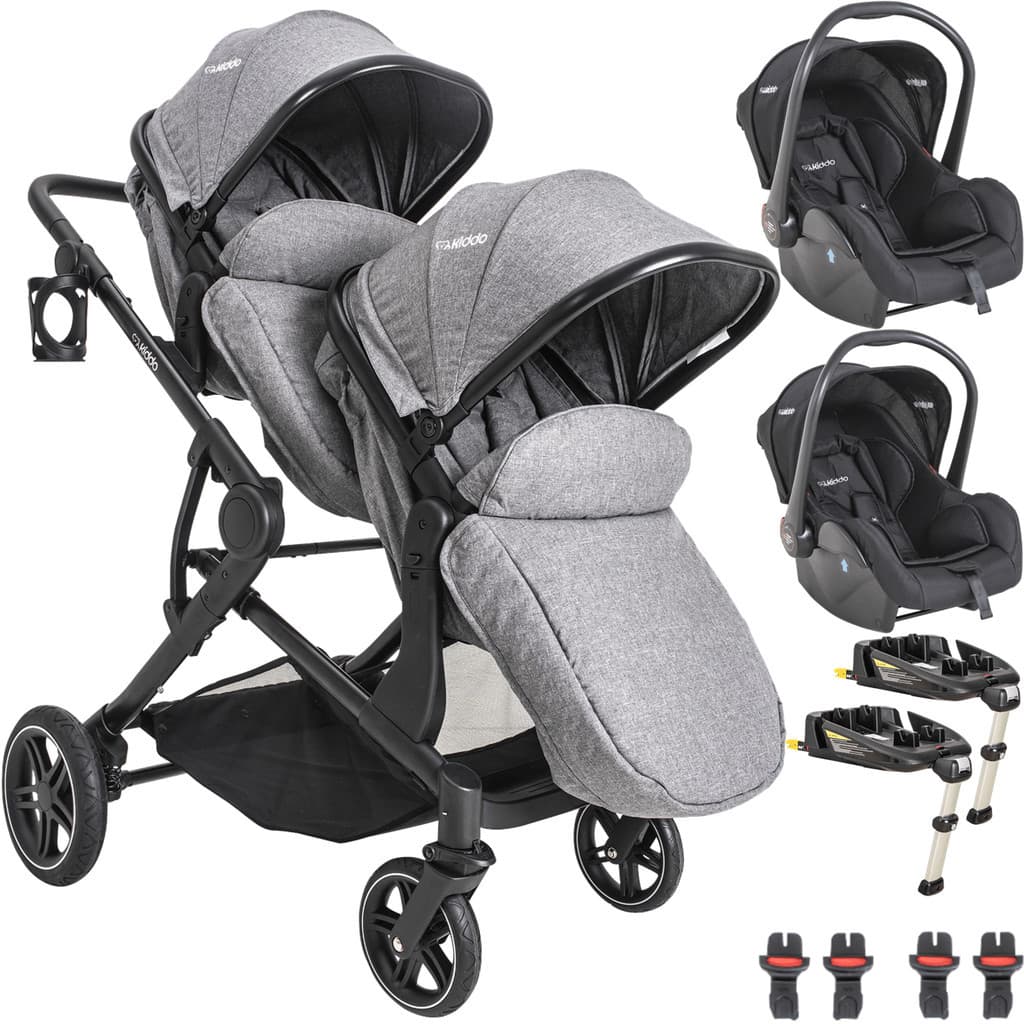 Carrinho de Bebe para Gemeos Kiddo  com 2 Bebe Conforto 2 Base ISOFIX Pair Cinza