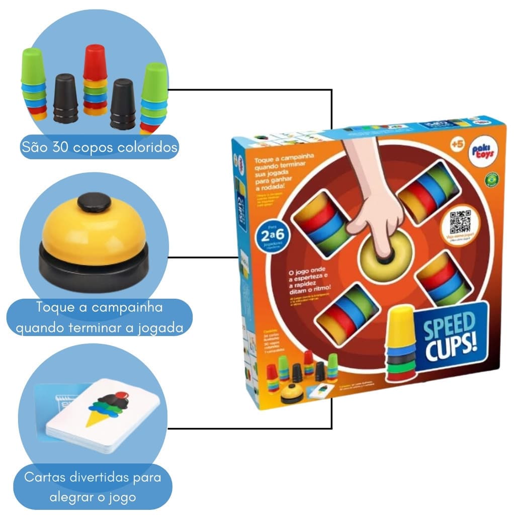 Jogo Speed Cups Infantil Família Agilidade Raciocínio Copos Coloridos com Campainha