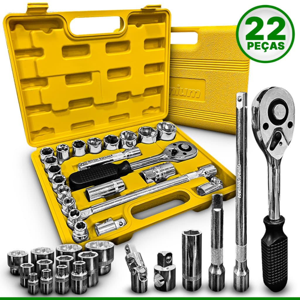 Jogo De Soquete Sextavados Maleta e Chave Catraca Reversivel 1/2" e Extensões 22 Peças Aço CRV