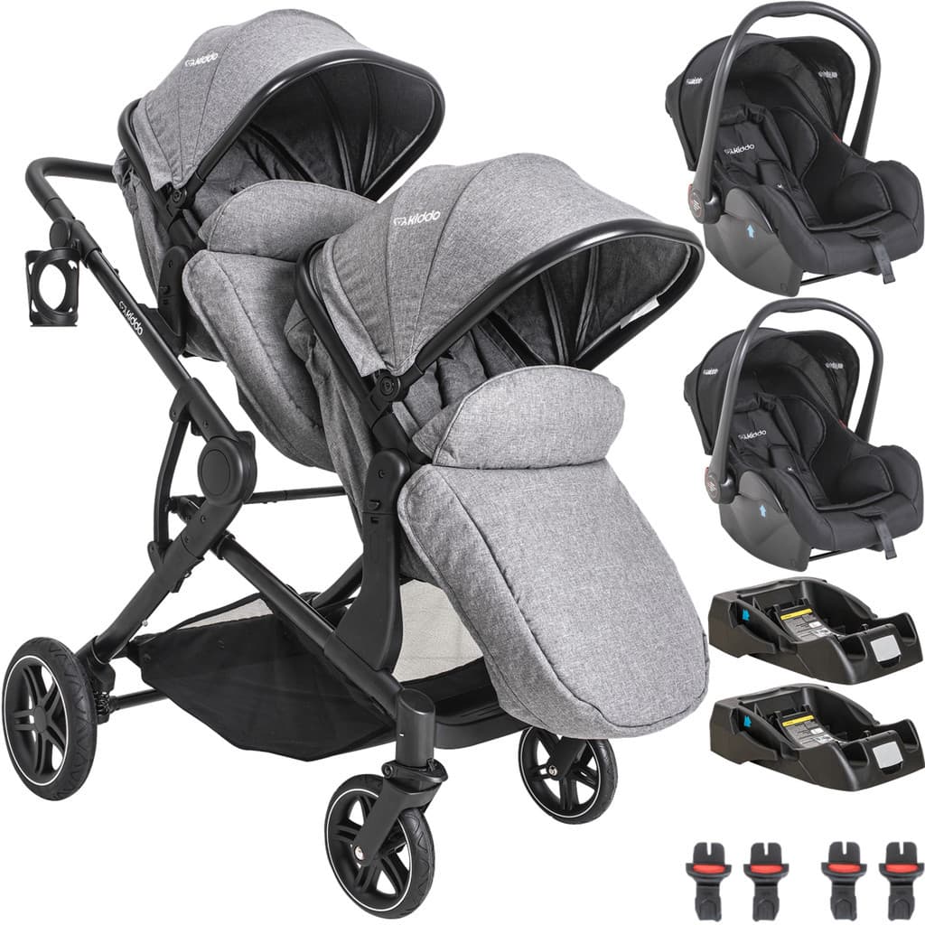 Carrinho de Bebe para Gemeos Kiddo 2 Bebe Conforto 2 Base Pair Cinza