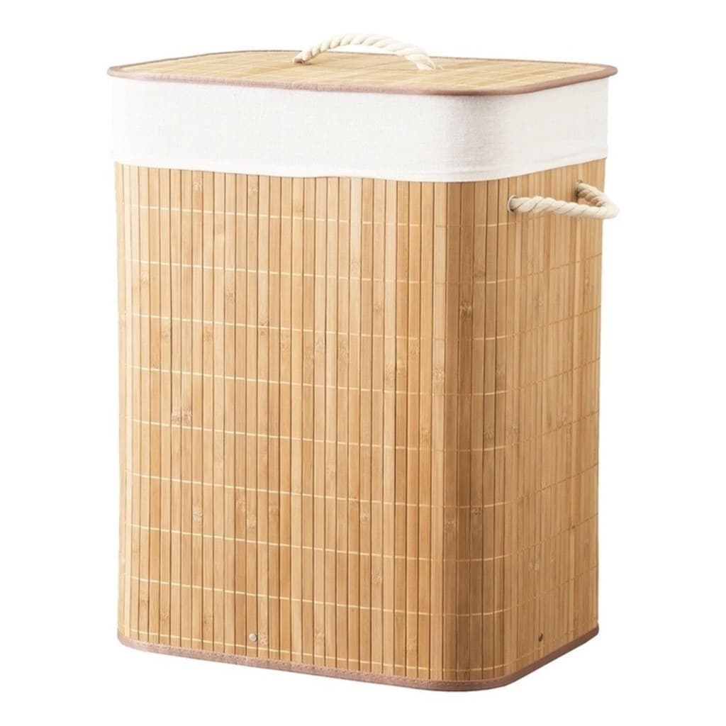 Cesto de Roupa Suja Retangular Bambu com Tampa Forrado Banheiro Lavanderia Dobrável