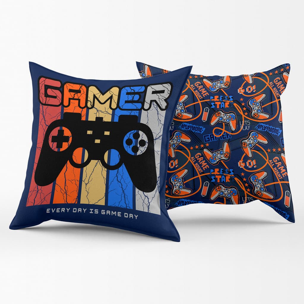 Par de Capas de Almofadas Estampadas Gamer Day Azul Marinho 45cm x 45cm - Decoração para Quarto Menino Infantil Juvenil Masculino Games Videogame Jogos Controle Console Nerd Geek