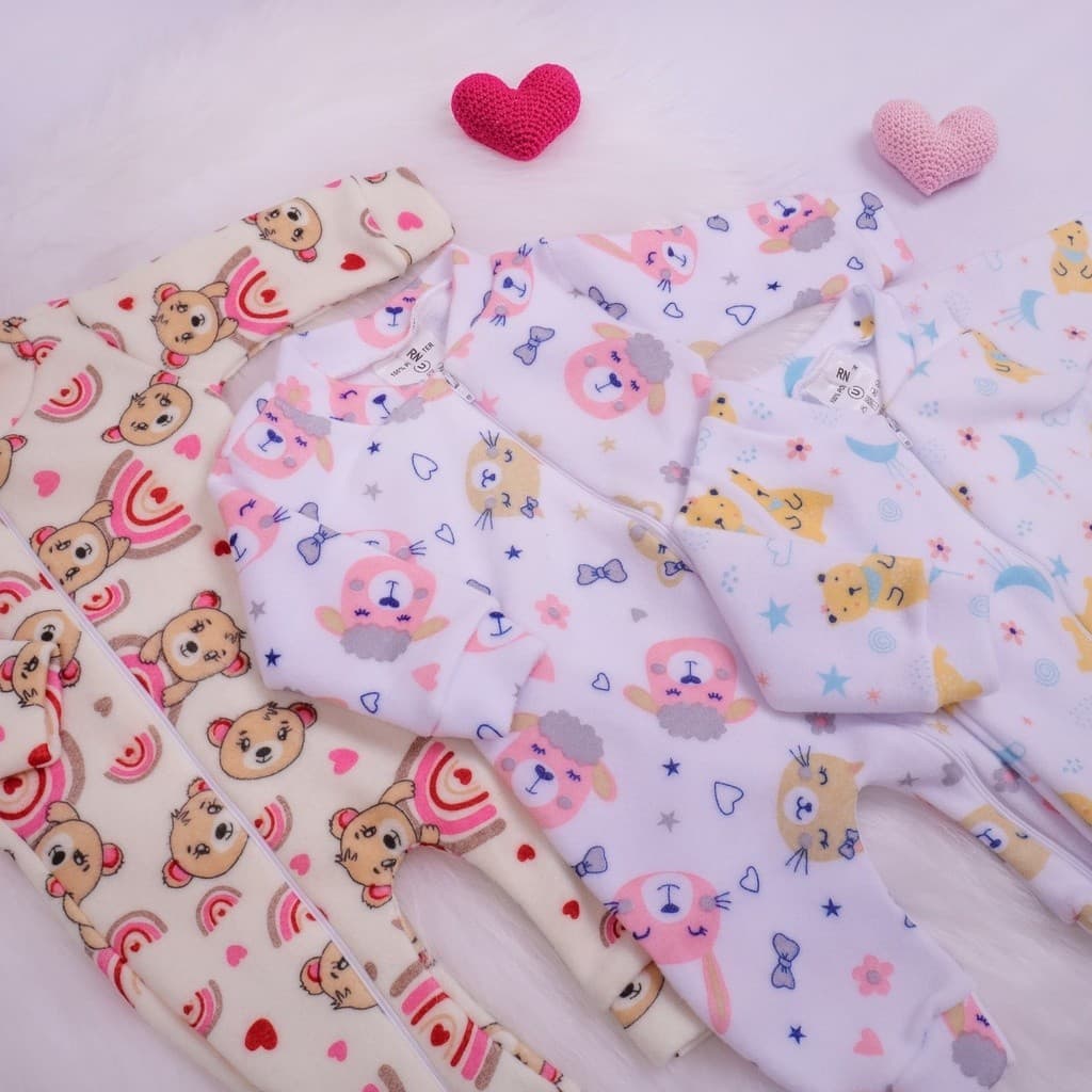 Kit com 3 Peças Macacao Bebe Feminino Menina Enxoval em Soft dia a dia confortavel