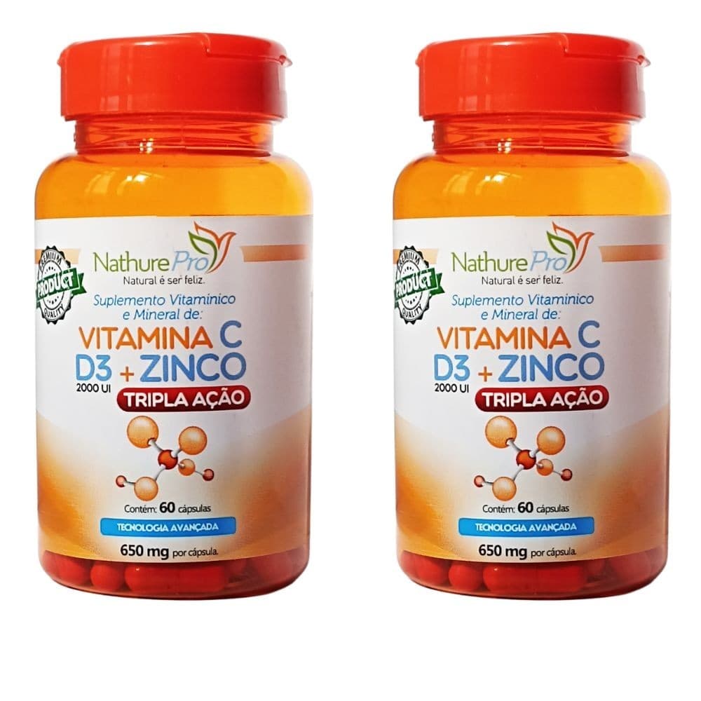 Kit 2 Suplemento Alimentar - Vitamina C + D3 + Zinco (Tripla Ação) 60 Cápsulas 650mg - Matéria prima importada!