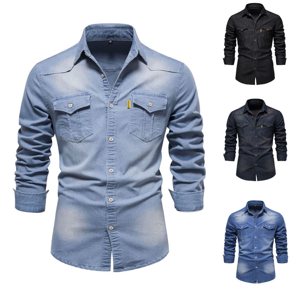 Amil estilo militar estilo cor sólida manga longa Slim Fit Premium social Jeans camisa dos homens JQSA