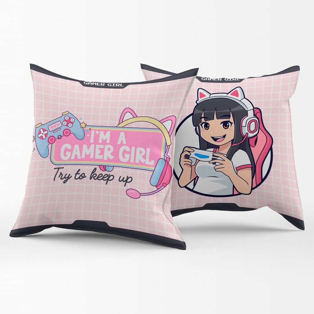 Par de Almofadas Estampadas Cheias Girl Gamer Rosa 45cm x 45cm - Enchimento Refil em Silicone Decoração Quarto Cama Menina Infantil Juvenil Feminino Garota Games Anime Nerd Geek Controle Videogame Console Jogos