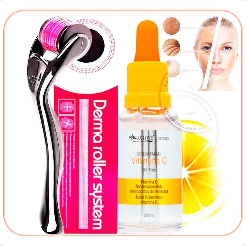 Sérum Hialuronico Vitamina C +Rosto Perfeito Derma roler Estrias Linhas Expressão Pele Rejuvenescida