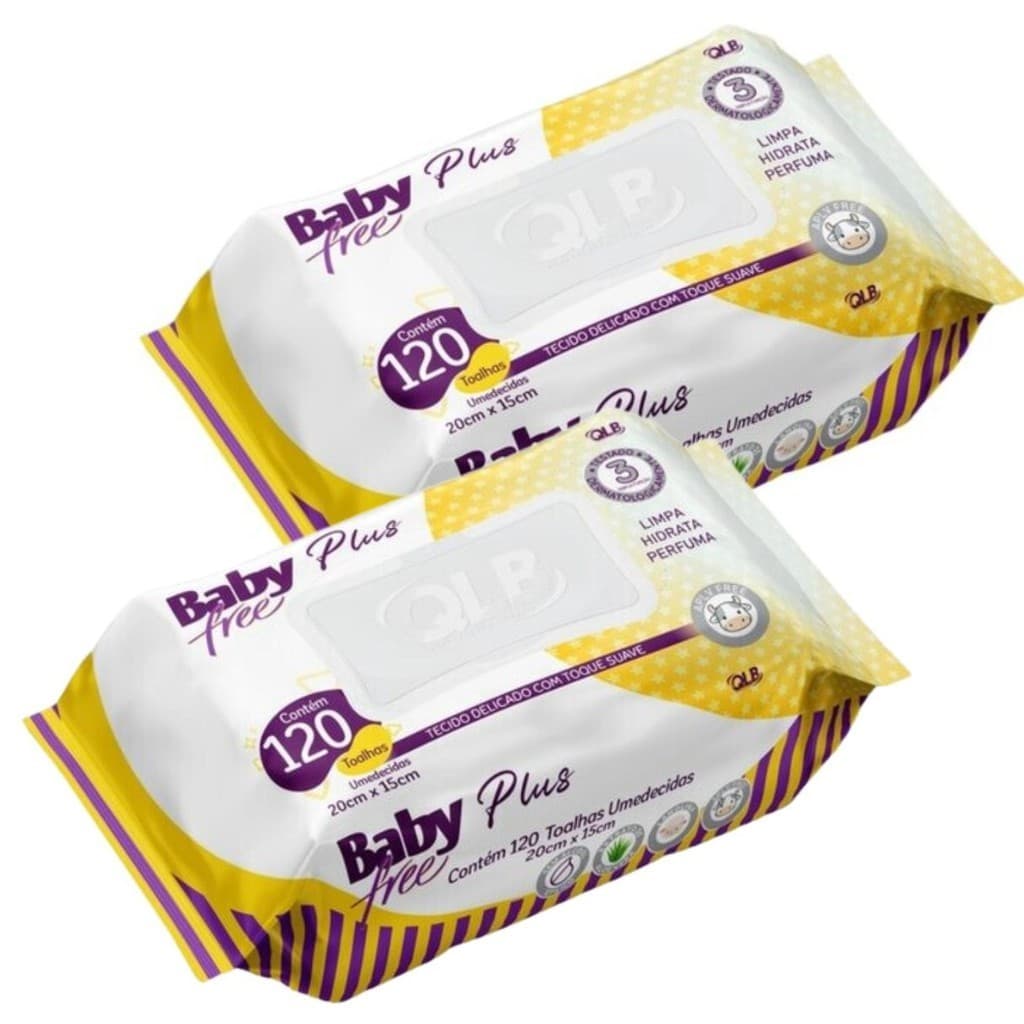 Kit 02 unidades Lenços/Toalhas Umedecidas Baby Free Plus acote de 120 unidades
