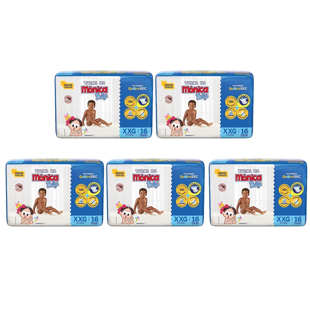 Fralda Turma da Mônica Baby Jumbo Tamanho XXG - 5 Pacotes com 16 Fraldas Descartáveis cada