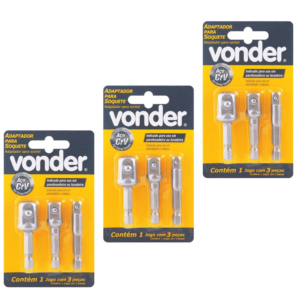 3 Jogos De Adapt. de Soquete para Parafusadeira e Furadeira: Conectores 1/4", 3/8" e 1/2" - VONDER