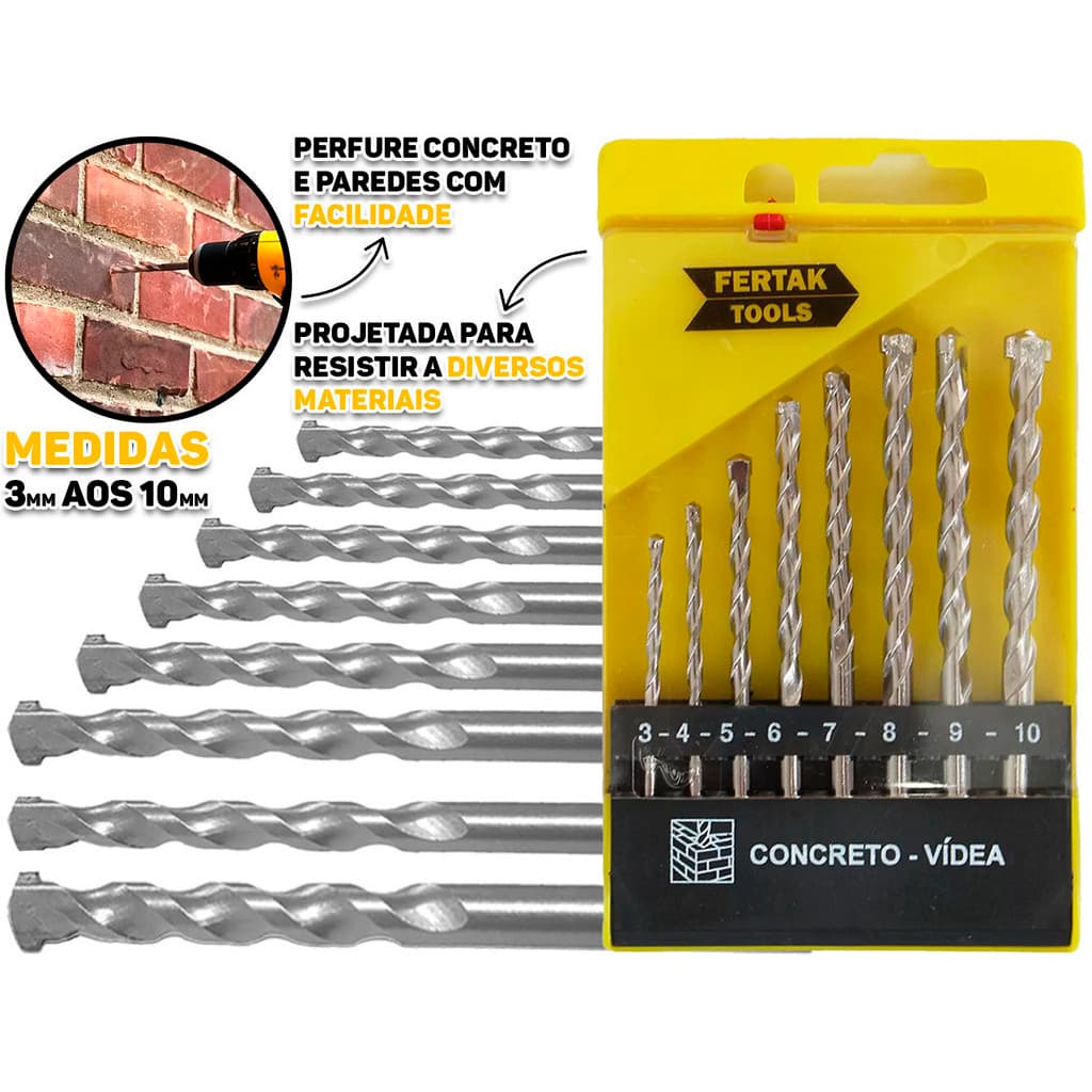 Jogo De Brocas Para Concreto Furadeira Parafusadeira 8 Peças Fertak Kit de Broca De Parede Com Estojo Vídea Profissional