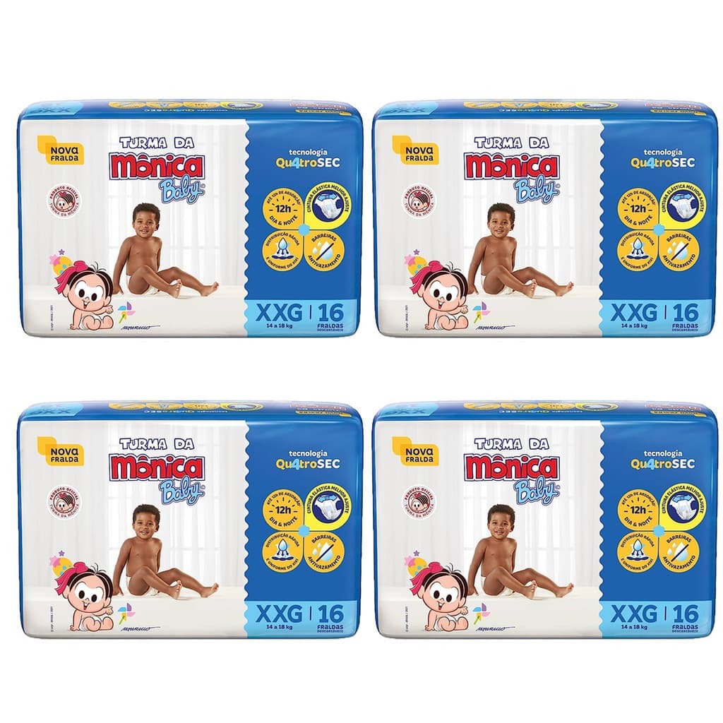 Fralda Turma da Mônica Baby Jumbo Tamanho XXG - 4 Pacotes com 16 Fraldas Descartáveis cada