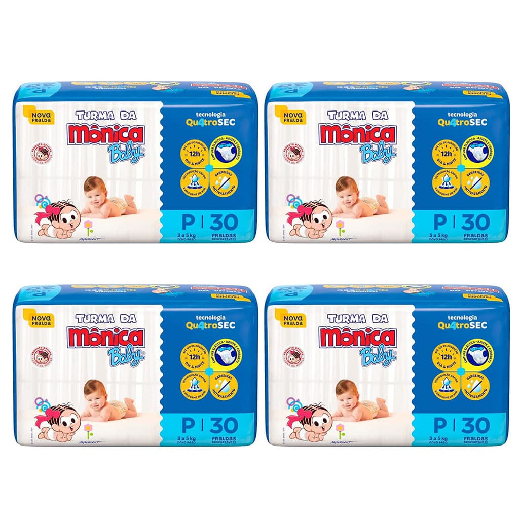 Fralda Turma da Mônica Baby Jumbo Tamanho P - 4 Pacotes com 30 Fraldas Descartáveis cada