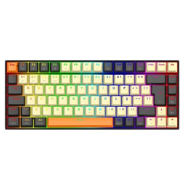 Teclado Mecânico Gamer Redragon Phantom Pro RGB Sem Fio e Bluetooth Cinza com Creme 75% Switch Brown com key caps extras