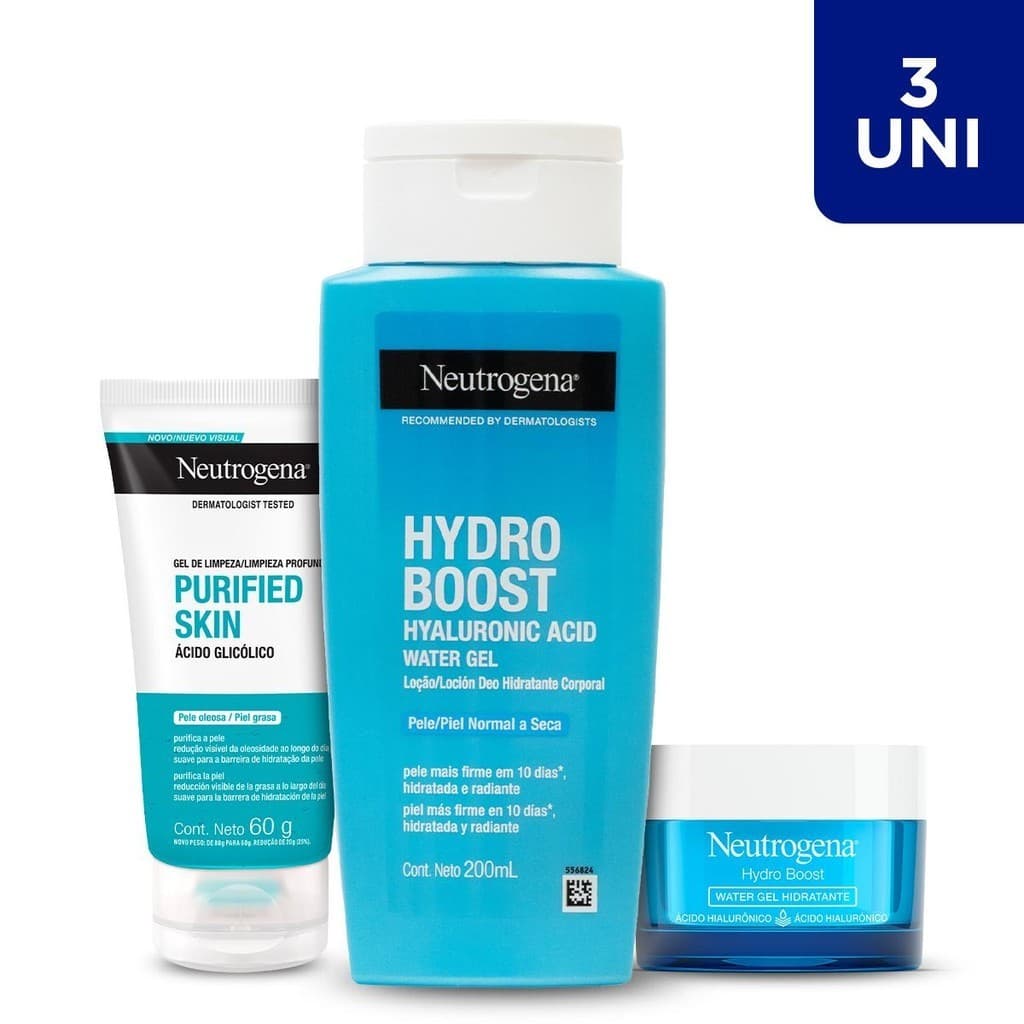 Kit com Neutrogena Hydro Boost Hidratante Corporal 200ml + Gel Purified Skin 60g + Hidratante Facial 50g