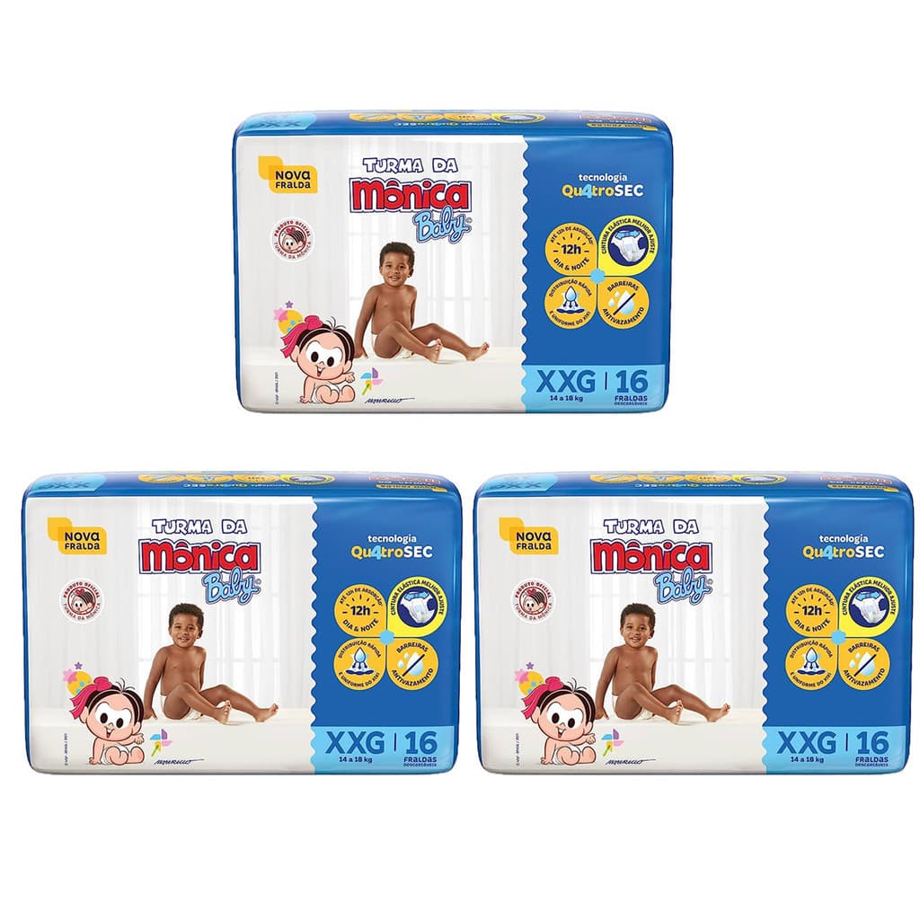 Fralda Turma da Mônica Baby Jumbo Tamanho XXG - 3 Pacotes com 16 Fraldas Descartáveis cada