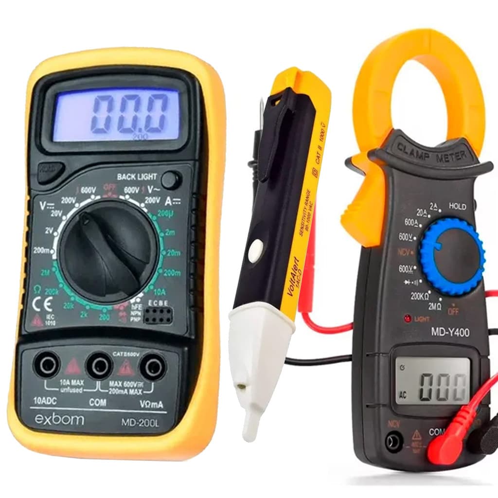 Kit 3x1 Multímetro Digital Profissional Alicate Amperímetro Caneta Tensão Alerta Som LCD Iluminada
