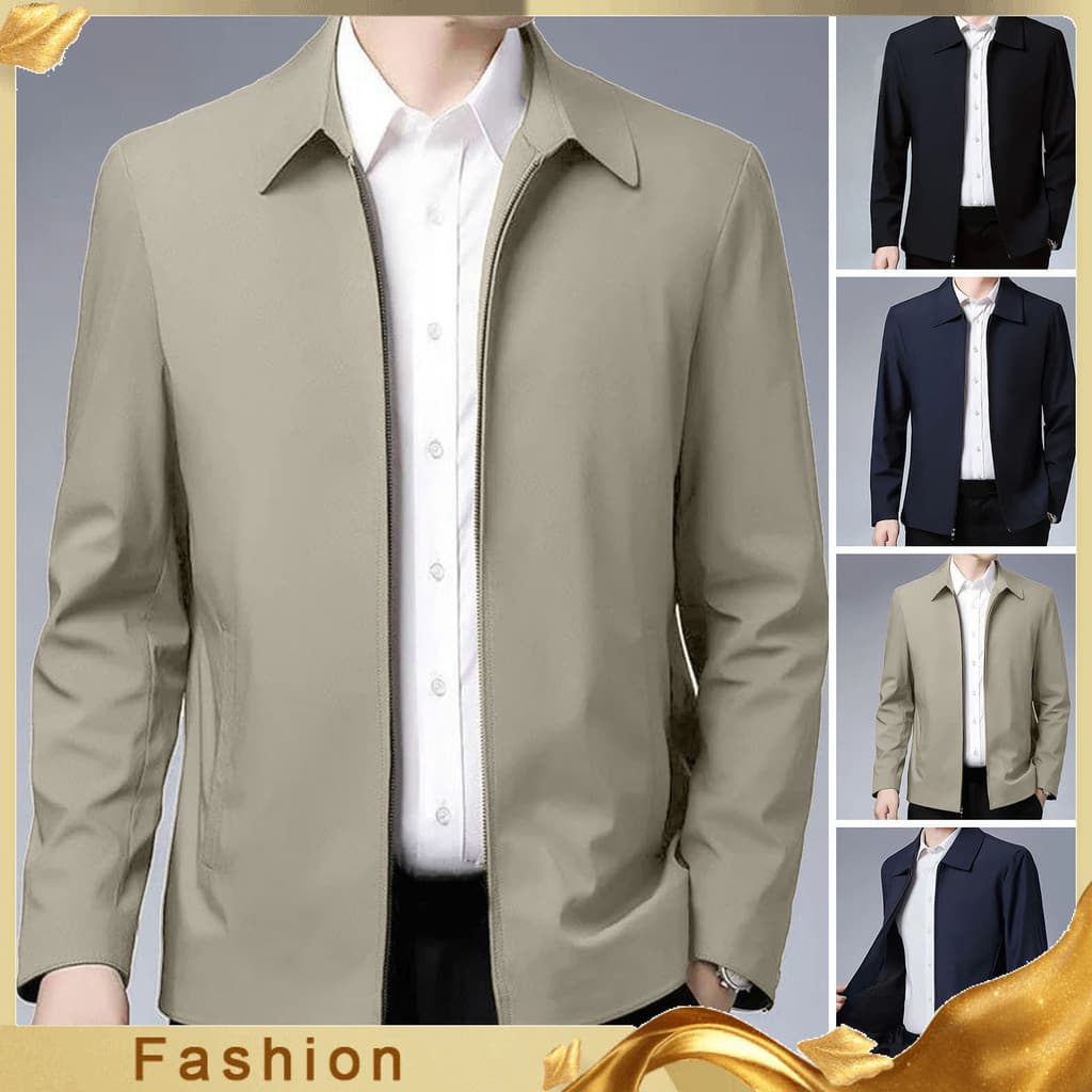 FZb_ Men Jaqueta Lapela Cor Sólida Homens Idosos De Meia-Idade Manga Longa Fechamento Com Zíper Reto Negócio Formal Casual Mola Macia Casaco Diário De Queda