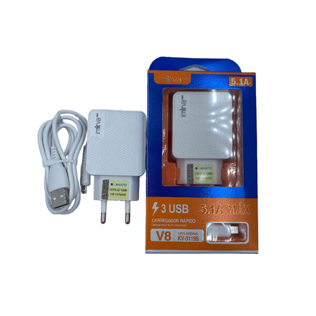 Carregador celular rápido 5.1a entrada tipo-c/v8 3 usb inova prime TURBO