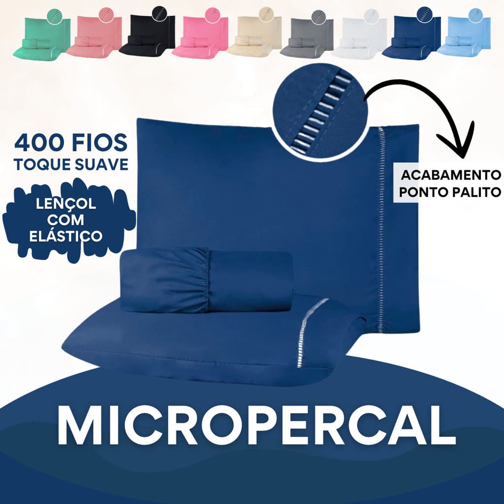 Jogo de Cama - Lençol 400 fios Micropercal 03 Peças Ponto Palito - Berço Solteiro Casal Queen King