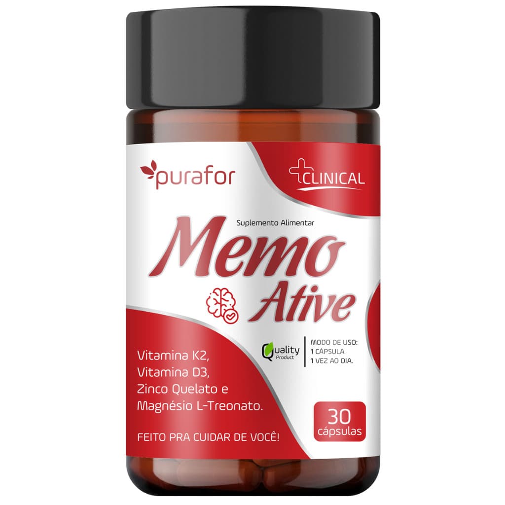 Multivitamínico Memo Ative Purafor - Vitamina K2 Vitamina D3 Zinco Magnésio e Treonato - 30 Cápsulas