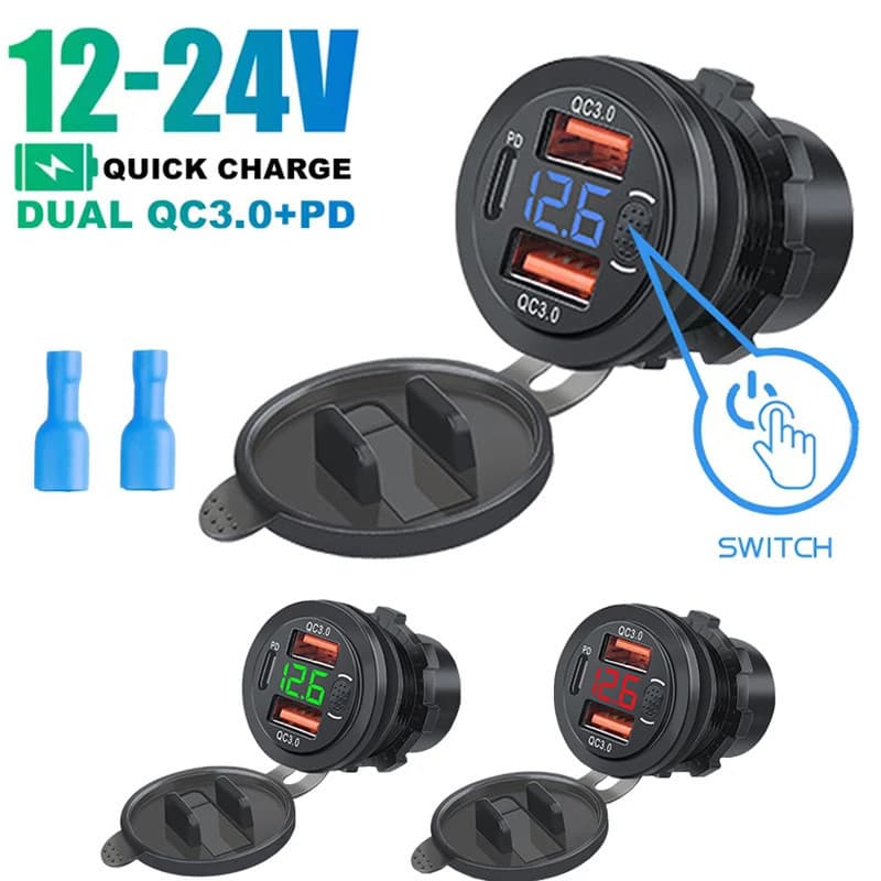 Carregador Duplo USB De 12V 24V Carregamento Rápido QC3.0 Luz LED Mini PD Tipo C Tomada Para Carro Com Interruptor Digital De Botão Voltímetro RV