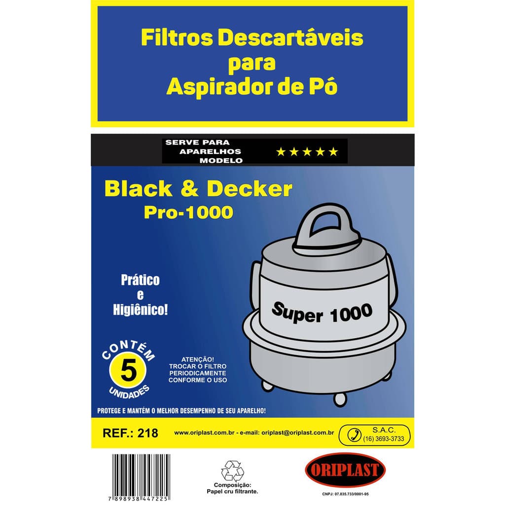 Kit C/5 Filtro Saco Coletor de Pó para Aspirador de Pó Super Pro 1000