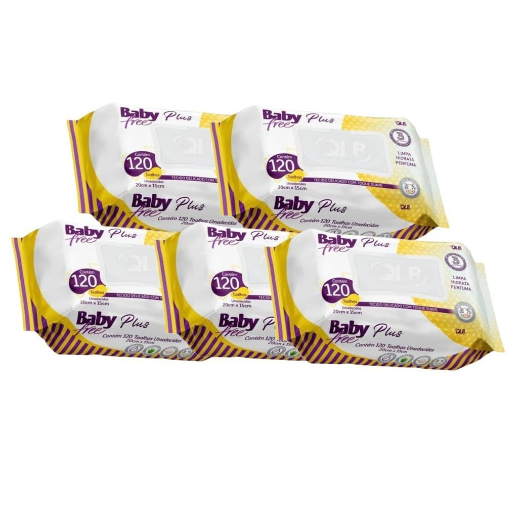 Kit 5 Lenços Umedecidos Baby Free Plus – 120 Unidades Cada | Toalhas Macias e Sem Álcool