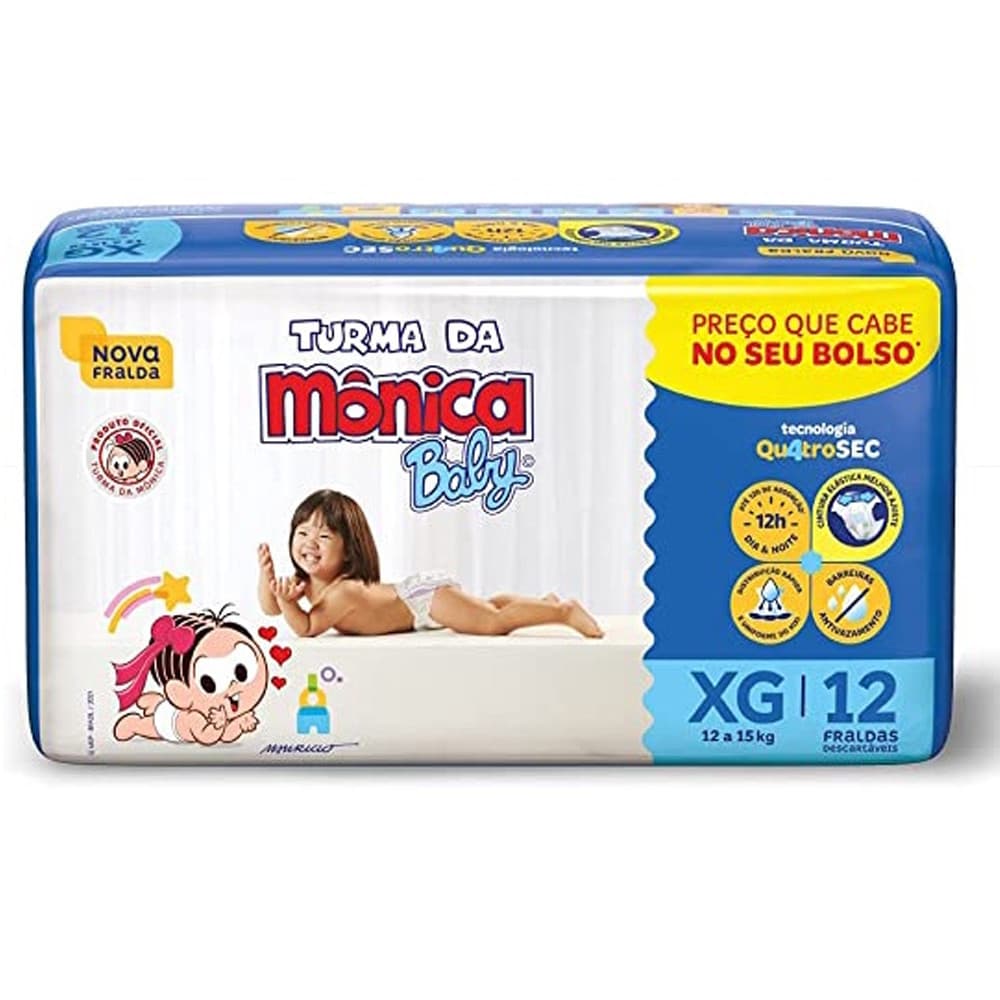 Fraldas Turma da Mônica Baby Jumbinho Tamanho XG - 4 Pacotes Com 12 Fraldas Descartáveis Cada